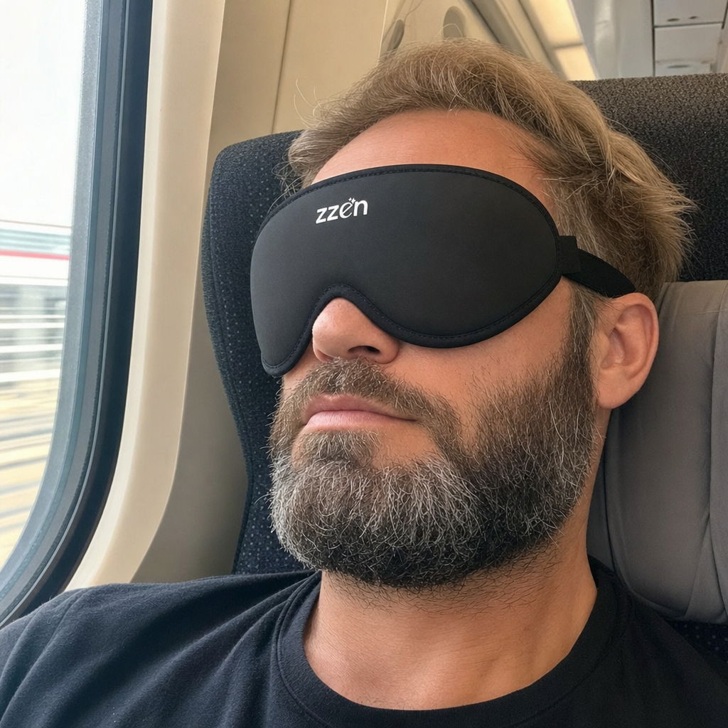 Mand sover med Sleep Deluxe under rejse